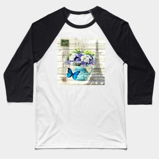 shabby chic blue butterfly flowers vintage paris eiffel tower Baseball T-Shirt